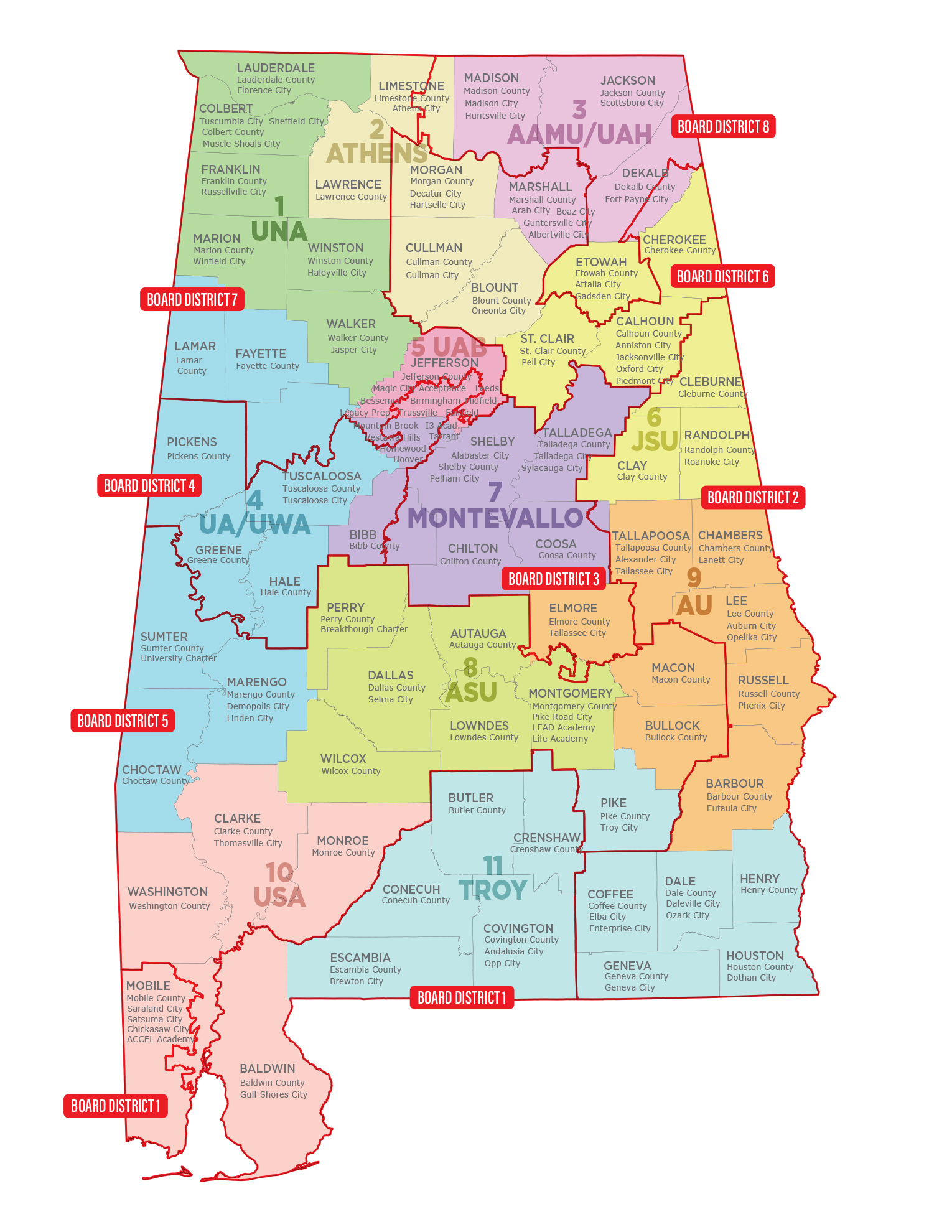 Alabama RIC Region Map showing all 11 regional inservice center boundaries and the LEAs they serve